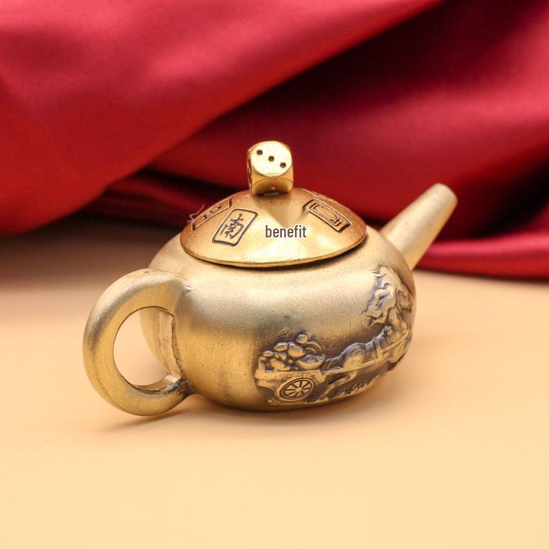 Brass Mahjong Hu Teapot with Creative Turn Handle Ornament