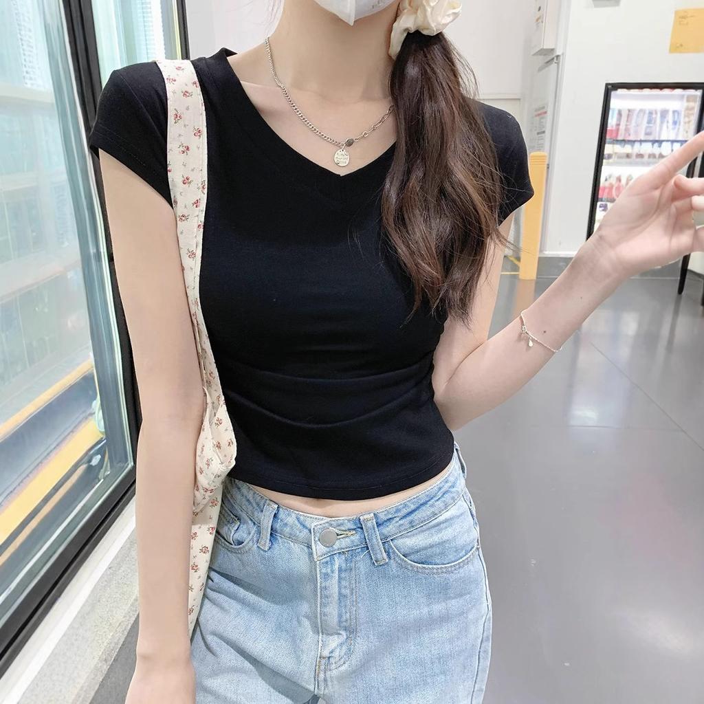 White V-neck Short-sleeved T-shirt Women's Summer Waist Sweet Hottie Short Top
