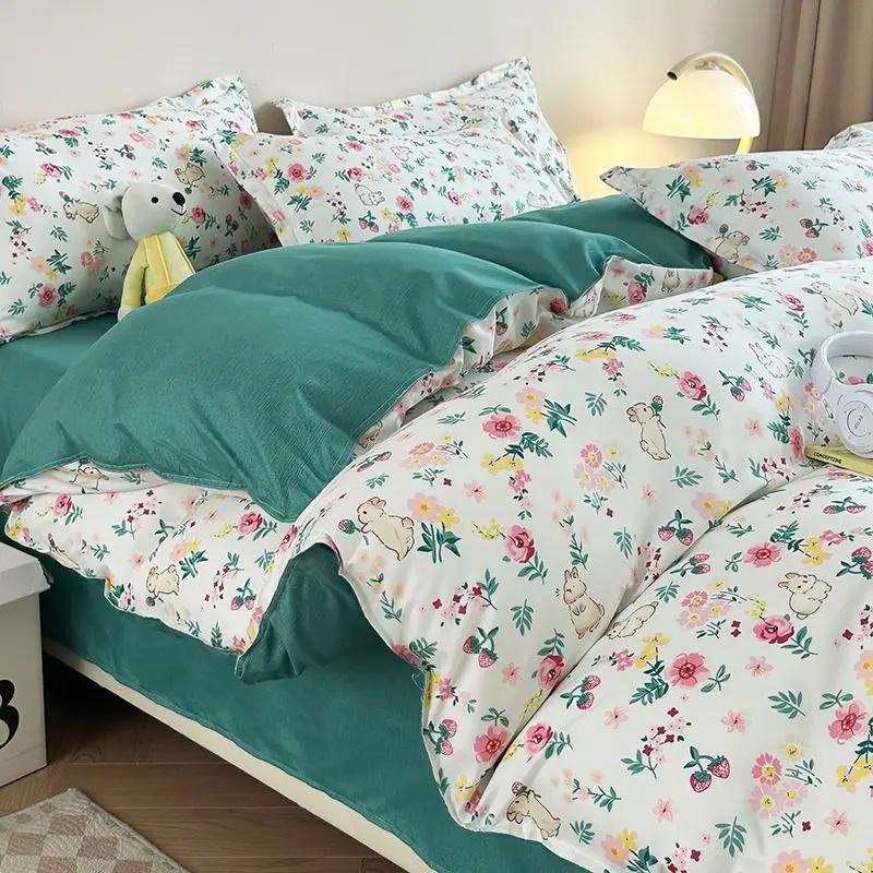 Floral Bedding Set with Duvet Cover,No Filling Flat Sheet with Pillowcases,Kids Queen Full Size Bed Linen,Boys and Girls New
