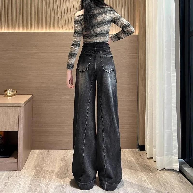Stylish Distressed Vintage Wide Leg Trousers Women's Clothing High Waist Button Autumn Winter New American Loose Straight Jeans