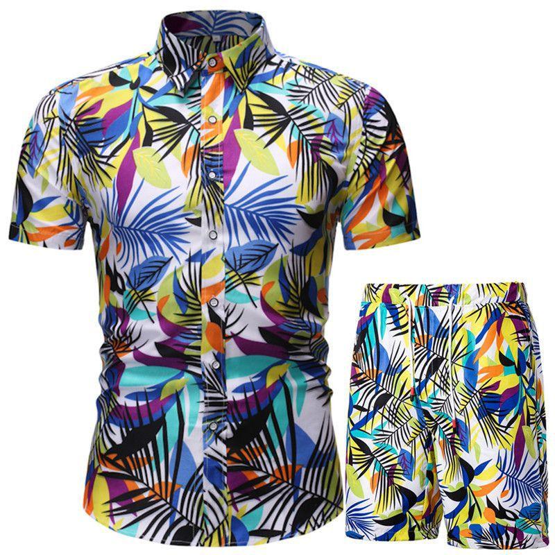 Hawaiian Beach Flower Shirt Short Sleeve Men's Large Size Shirt Shorts Printed Two-piece Suit