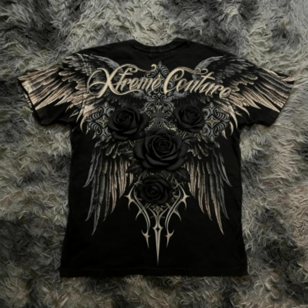 Summer Men's T-shirt Gothic Rose Cross Wing Print Tees Round Neck T-shirt Outdoor Street Style Top Casual Women's Clothing