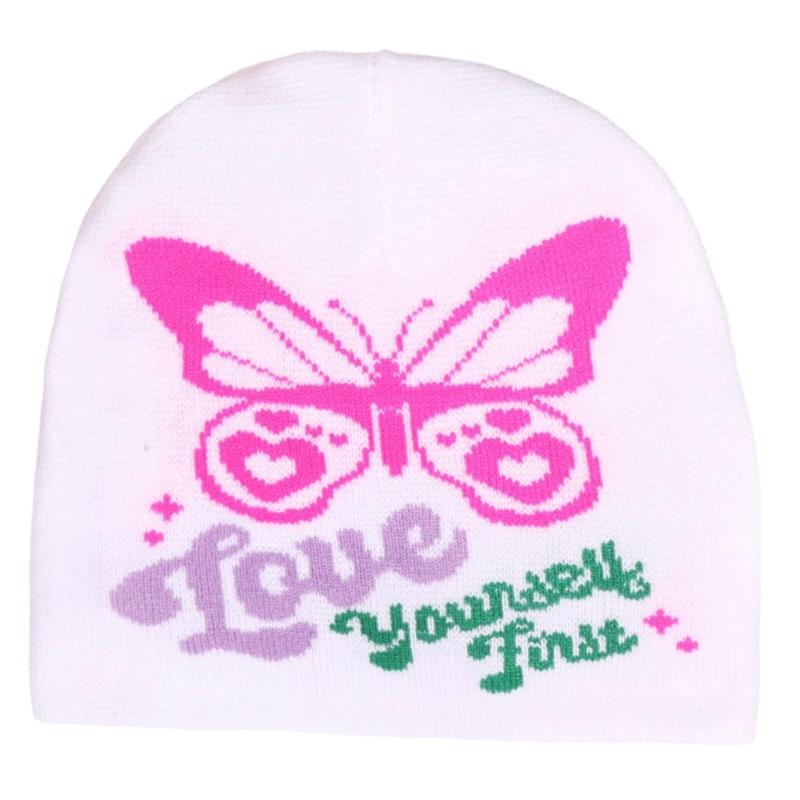 2000s Butterfly Pattern Knitted Hat Streetwear Design Breathable Acrylic Fibre Hat For Outdoor Music Festival Daily Use