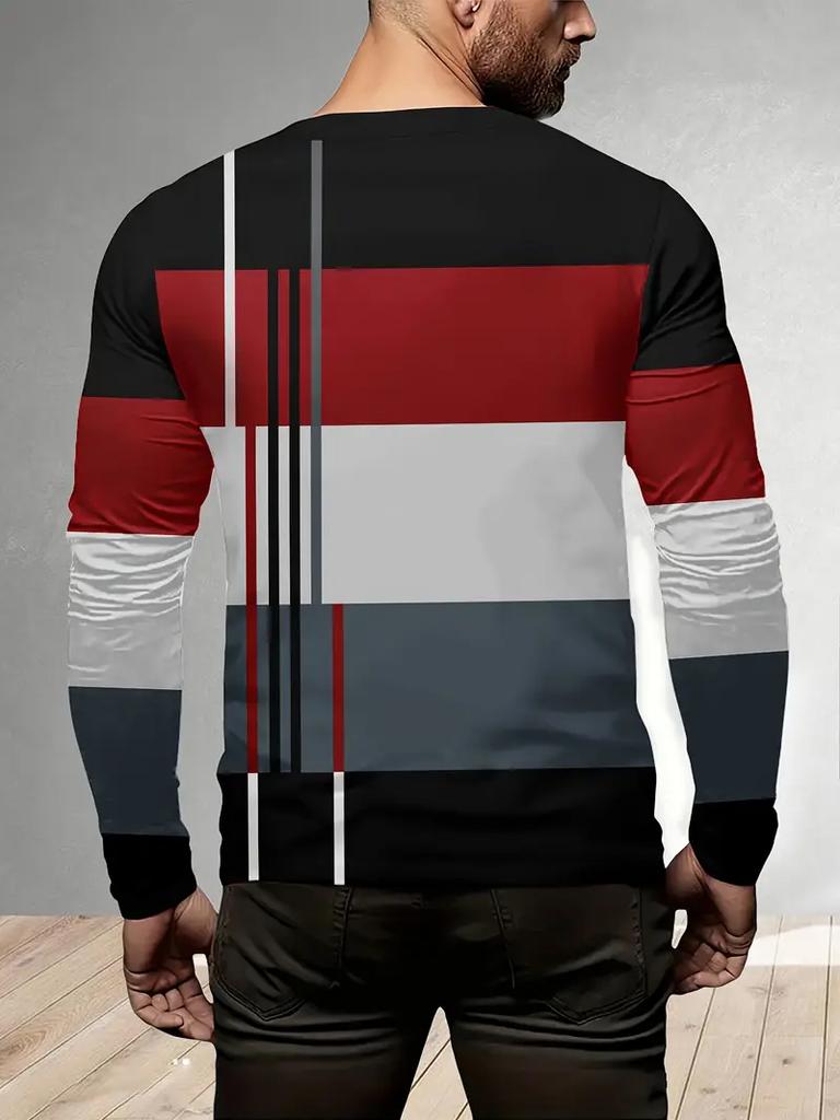 Lässiges 3D-Digitaldruck-Kontrastmuster Herren Langarm-T-Shirt für Frühling und Herbst Outdoor-Bekleidung, bequeme Polyesterfaser