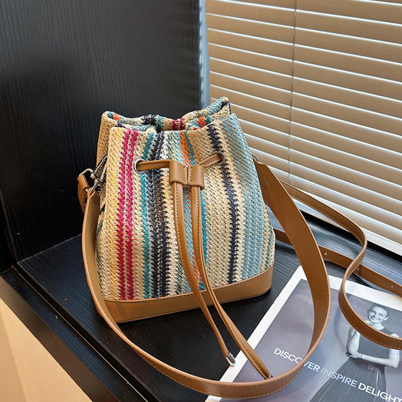 Einfache bunte grasgewebte Eimertasche für Frauen im Retro-Patchwork-Stil mit Kordelzug, Umhängetasche für Pendler, Reisen, weibliche Umhängetaschen