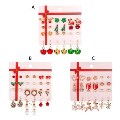 12 Pair Christmas Earrings Snowman Tree Santa Claus Earrings Stud Earring Women Girl Bow 3-Choice Knot/ Bell/ Snowflake