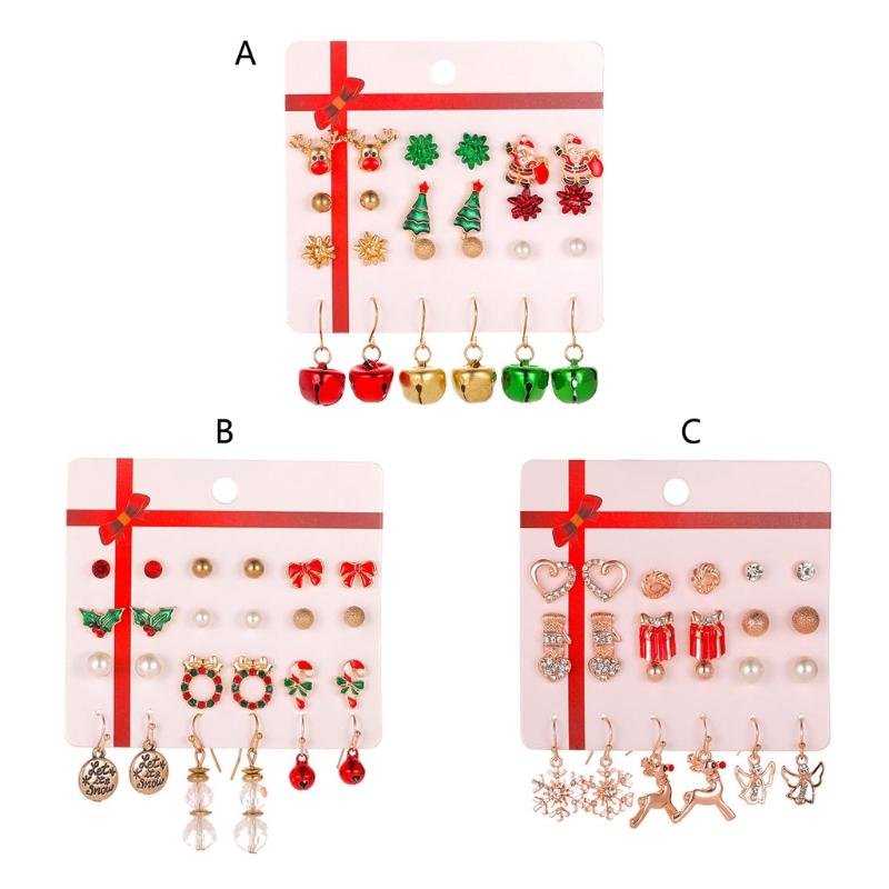12 Pairs Christmas Earrings Santa Claus Pendants Gift Ornaments Ear Gift Christmas Earrings Set Bow Knot/Bell/Snowflake