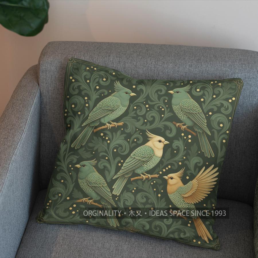 2D Enchanted Green Birds And Leaves Cushion Cover Pattern Cushion Cover Suitable For Sofa Bedroom Car Pillow Cover