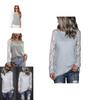 Grey Lace Trim Crew Neck Fitted Tshirt Blended Fabric Hoodie Women Sleeve Long