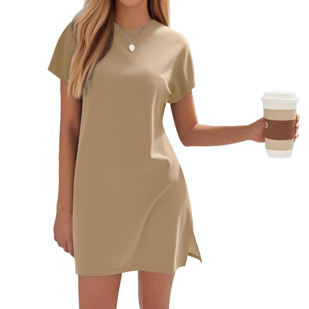 Women's Coverups Short Sleeve T-Shirt Dress Casual Side Slit Loose Fit Knee Length Beach Dress