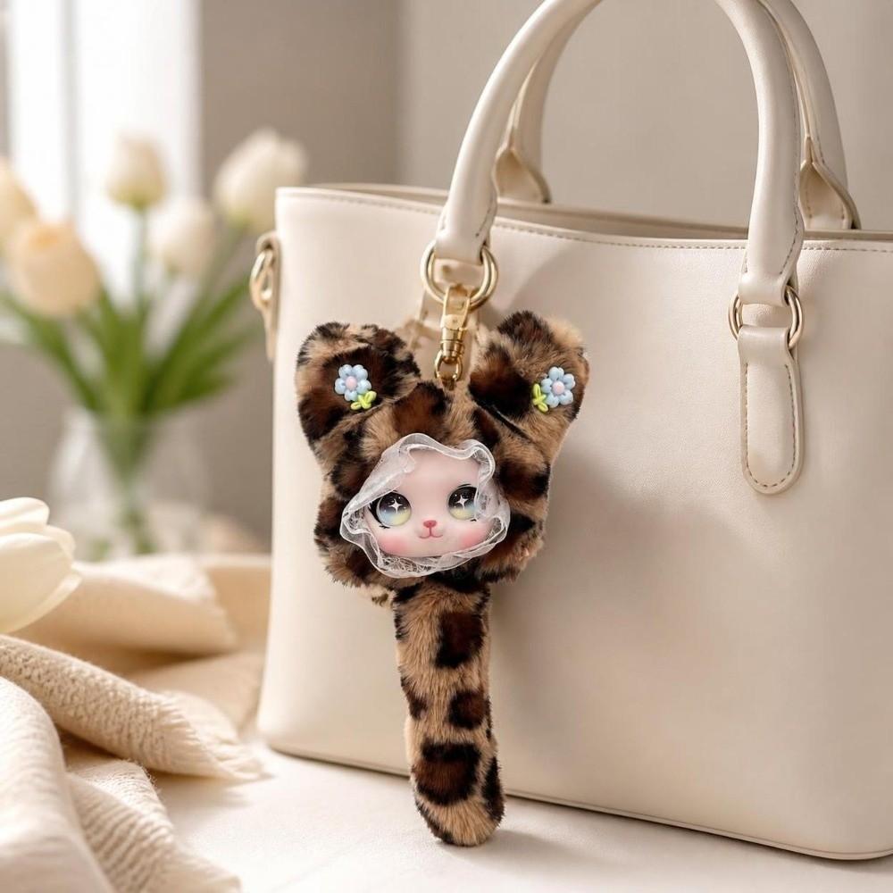 Leopard Print Furry Cat Pendant Long Tail Bag Charms Cartoon Cat Plush Toy Bag