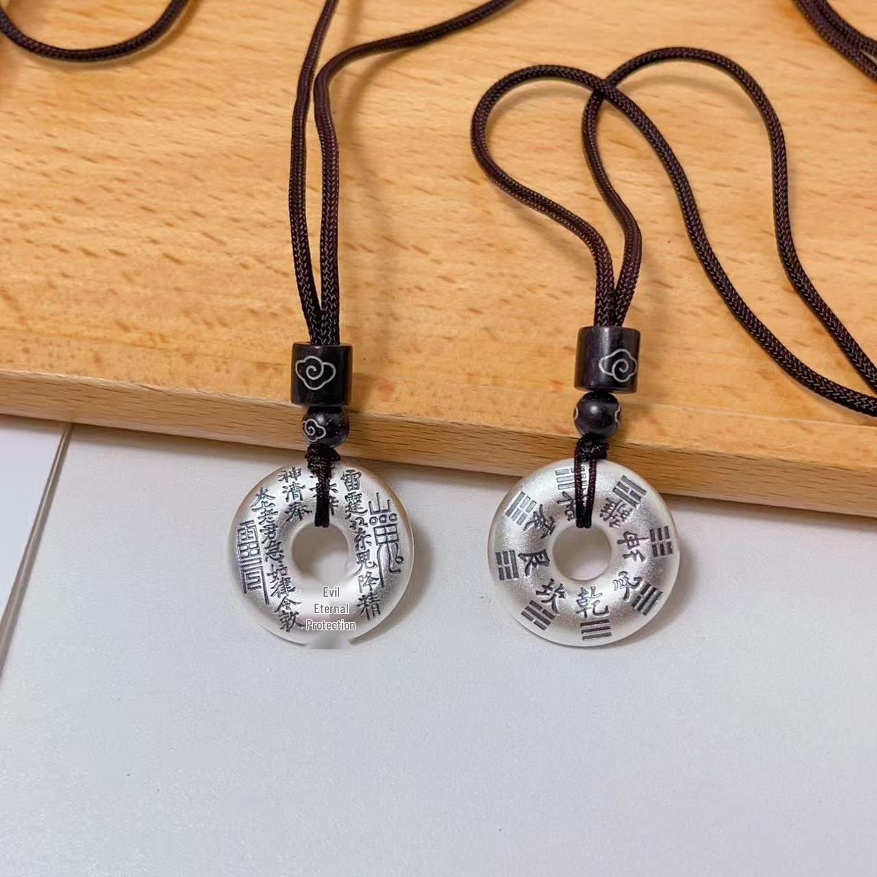 Sterling Silver Bagua Pendant Necklace with Woven Rope - Chinese Style Unisex Design Sterling Silver 999