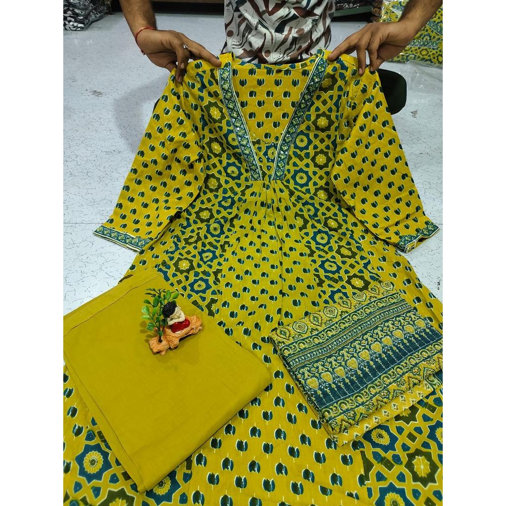 Wunderschönes Designer Baumwoll Kurti Hose Dupatta Set Indische Frauen Salwar Kameez VF-20254a