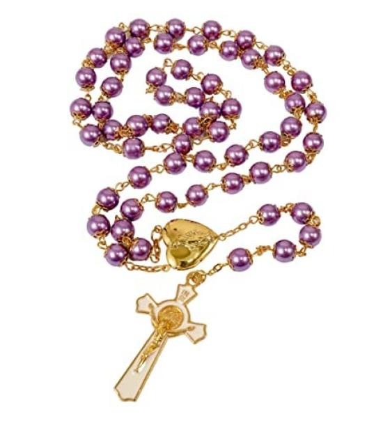 Nazareth Store Purple Pearl 8mm Bead Rosary Necklace Gold Prayer Chaplet Miraculous Open Up Locket Centerpiece Medal White Enamel No Gemstones Cross,