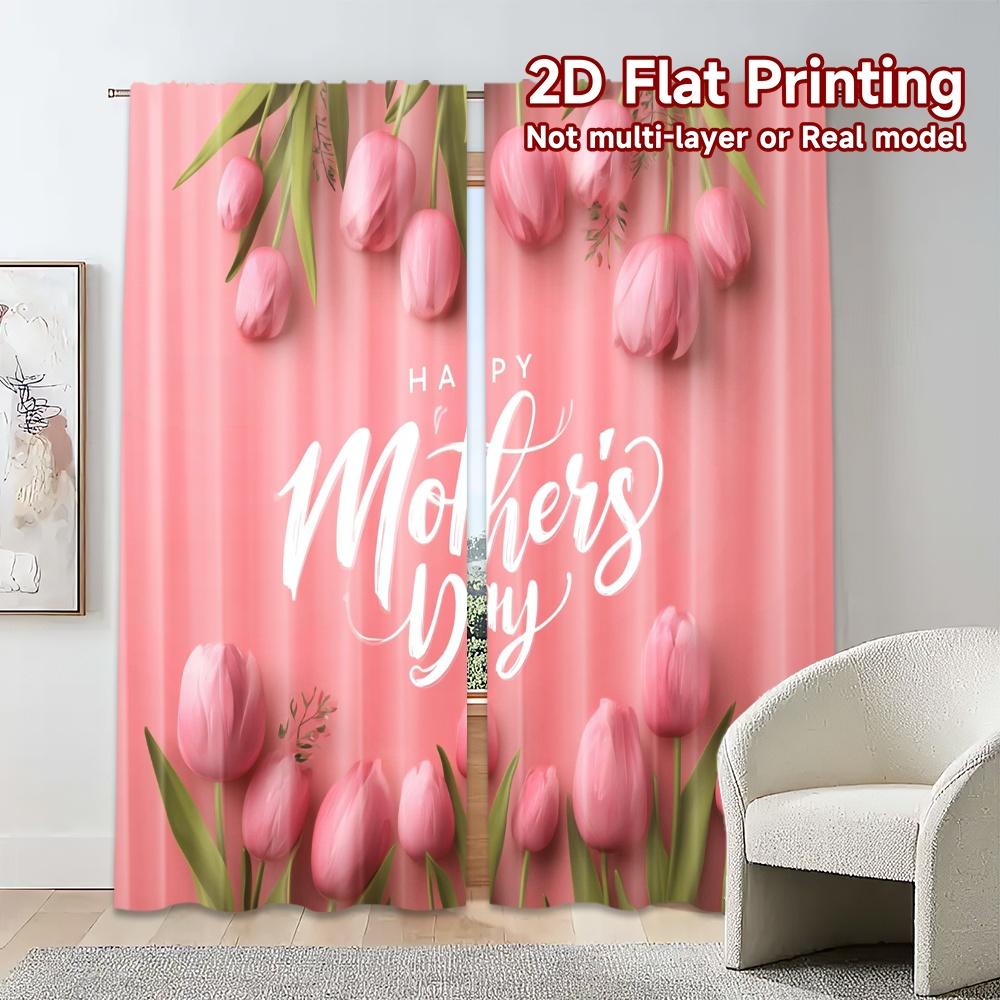 Set Of 2 Flat Printing Curtains Without Rod Tulip Mothers Day Popular Versatile Polyester Curtain With Thermal