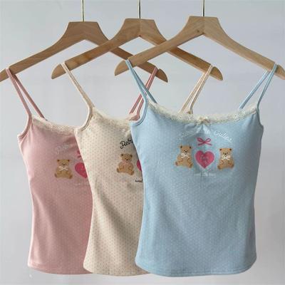 Petit Ours Livré avec Coussin de Poitrine Bretelle Basique Débardeur Dentelle Mignonne Dentelle Intérieure Top pour Femme