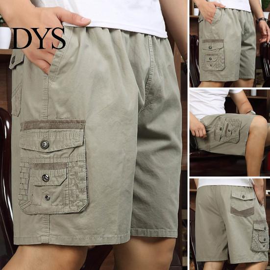 Men Short Pants Summer Casual Shorts Loose Elastic Waist Adjustable Drawstring Multi-Pockets Middle-aged Male Knee Length Sports Trousers