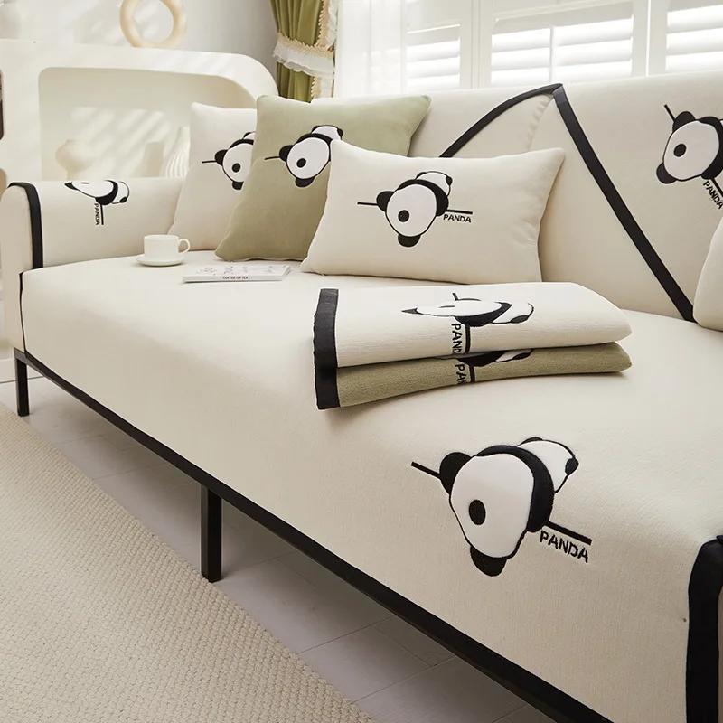Chenille Four Seasons Universal Sofa Cushion Anti Slip Cartoon Panda Embroidered Sofa Cover Solid Color Couch Mat Backrest Towel