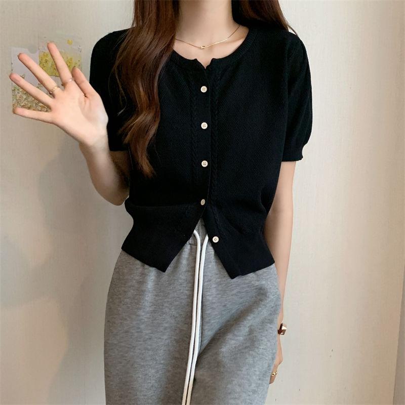 Knitted Women's Summer French Cool Style High-end Retro Round Neck Versatile Short Sleeved Cardigan Top