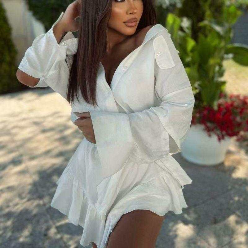 Fashion Style New Vacation Long Sleeves Patchwork Shirt Ruffles Mid-Length Dress Set Shirt and Skirt Set