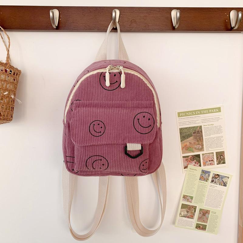 Mini backpack cute smiley face versatile small cosmetic bag corduroy student schoolbag