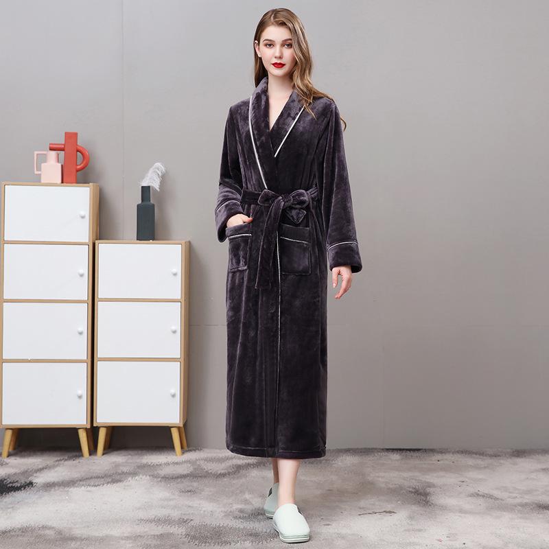 Extra-Long Coral Fleece Bathrobe for Men and Women - Winter Style Flannel Pajamas