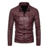 Winter Non-hooded Green and Black Stand-collar Casual Winter Side Seam Pockets Straight Hem Zipper Leather Jacket