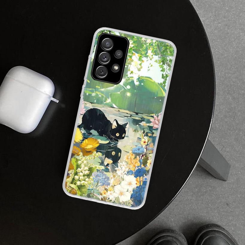 Cartoon Cute Black Cat Phone Case for Samsung Galaxy A17 A16 A26 A36 A56 A57 A37 A15 A25 A35 A55 A14 A24 A34 A54 A13 A23 A33 A53