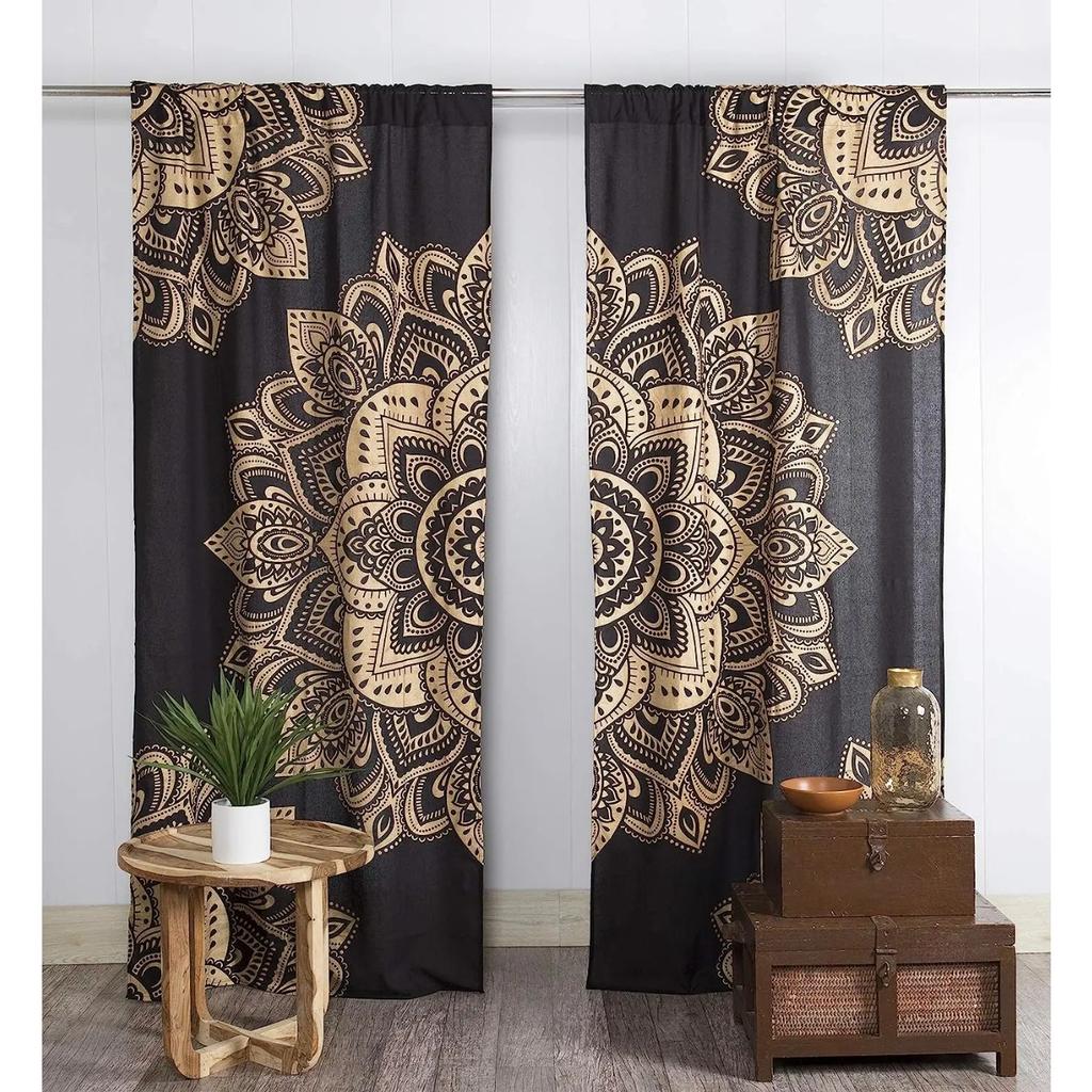 3D Print Black and Gold Hippy Mandala Curtain 2 Pieces Free Shipping Thin Curtains Room Bohemian Decoration Bedroom Living Room