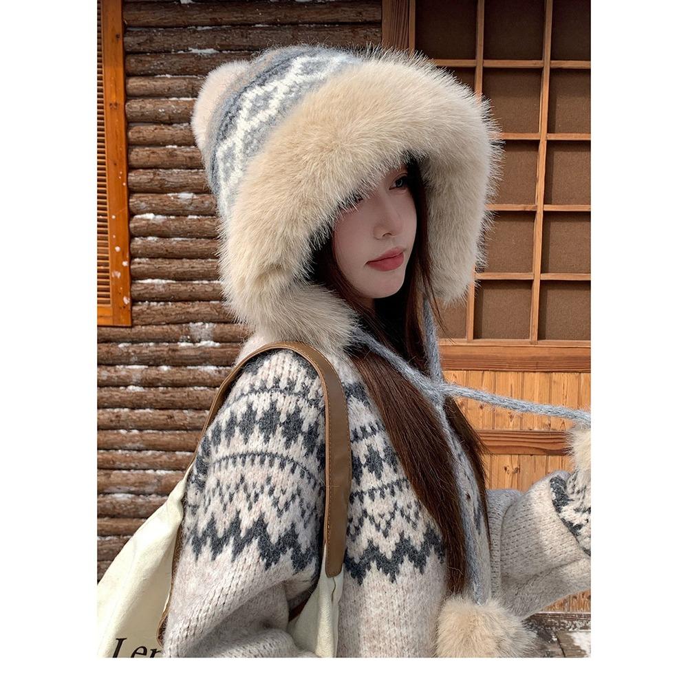 56cm to 58cm Head Circumference Fluffy Knitted Hat Ear Protection Hat Cold Weather