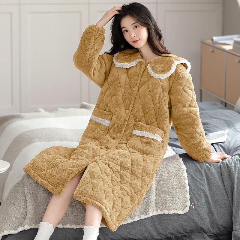nightgown women's winter coral fleece thickened and piled three-layer padded cotton winter flannel new padded jacket loungewear