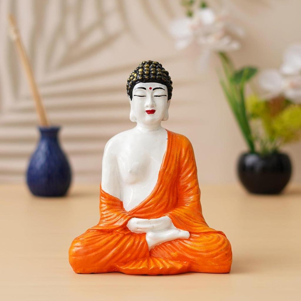 Orange White Resin Handcrafted Meditating Lord Buddha Statue for Living Room Home Decor Office |