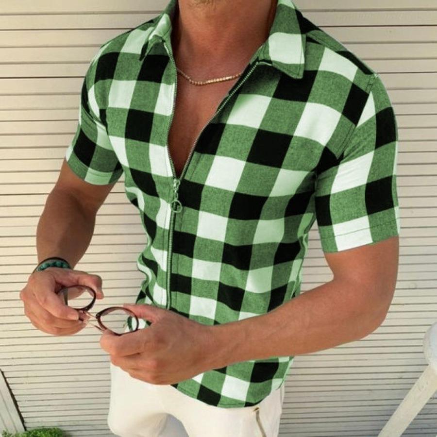 

Plaid Shirts Men 2026 New Arrival Summer Men s Casual Short Sleeve Shirts Fashion Chemise Homme Men 3XL зелений