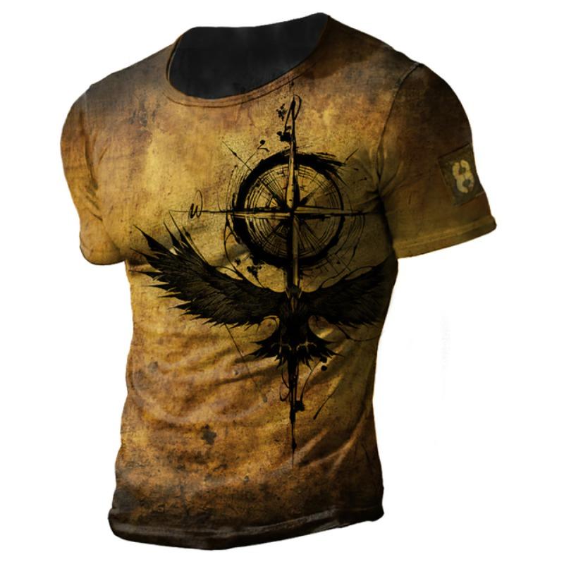 Vintage Men's T-shirt Summer American Shirt Tops Compass Printed Short-sleeve Clothing Casual Streetwear