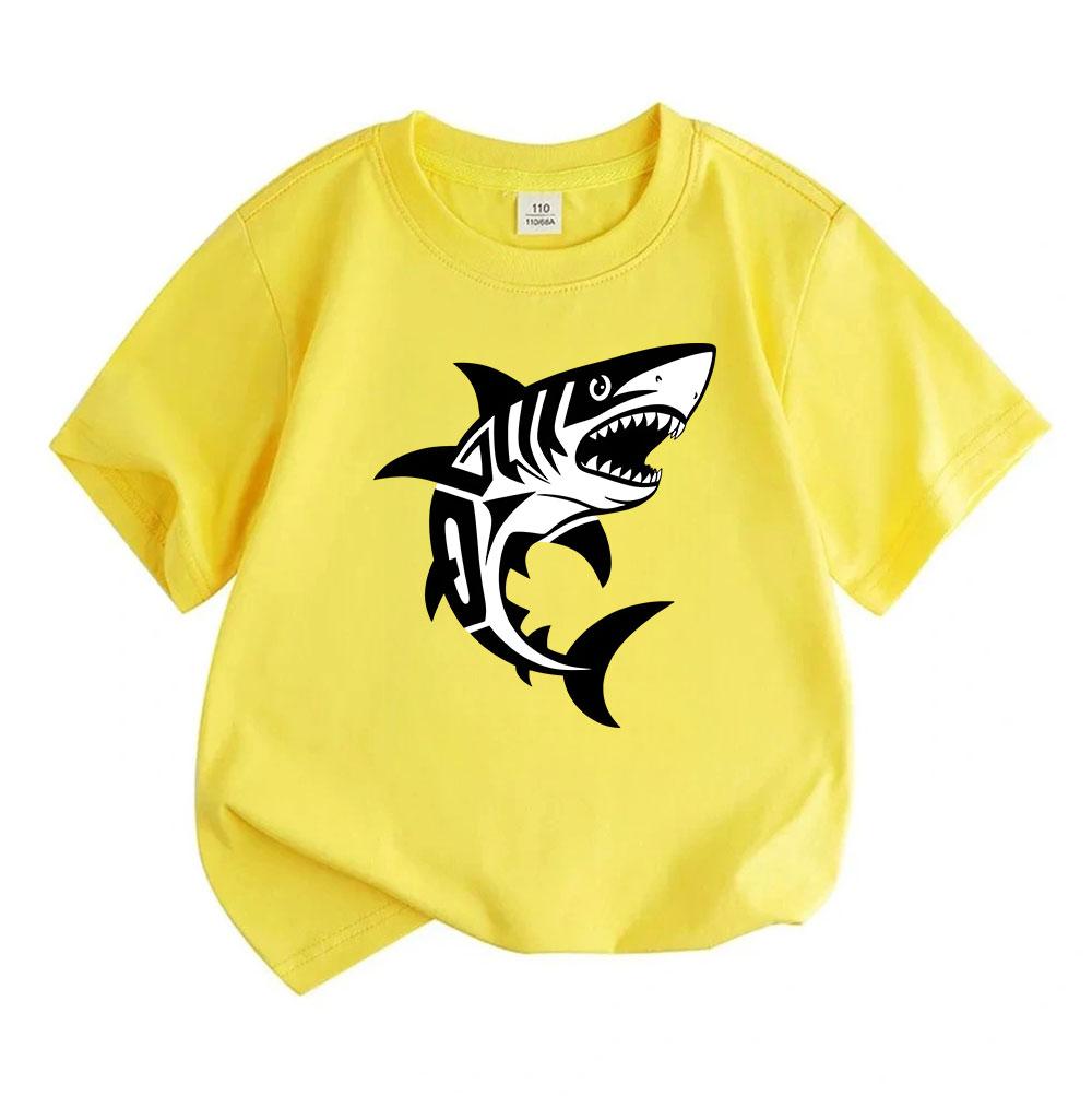 Kids Boys Girls 100% Cotton Crew Neck Short Sleeve T-Shirt, Cool Tribal Style Great White Shark Print Casual Summer Tees for Little Children Daily Wea