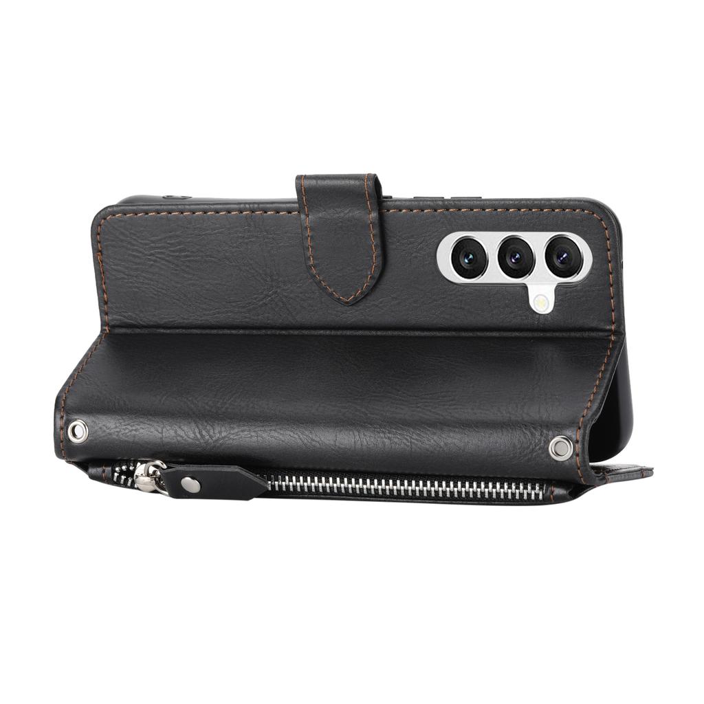For Samsung Galaxy S26+ Case Zipper Pocket Leather Phone Cover with Crossbody Shoulder Strap