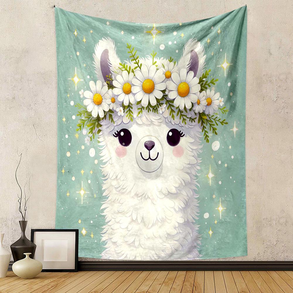 "Fluffy Alpaca with Daisy Flower Crown" Patterned Tapestry Decorative Wall Hanging, Home Bedroom Living Room Decor