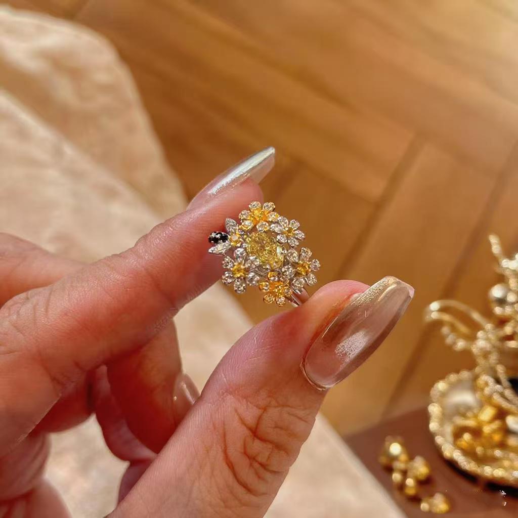 Yellow Diamond Small Floral Ring Luxurious and High-end Feel Open Index Finger Ring Simple Socialite Style Jewelry Accessories