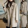Warm Thickened Woolen Coat for Women Autumn Winter Double Breasted Lapel Flap Pockets Mid Length Loose Fit Overcoat