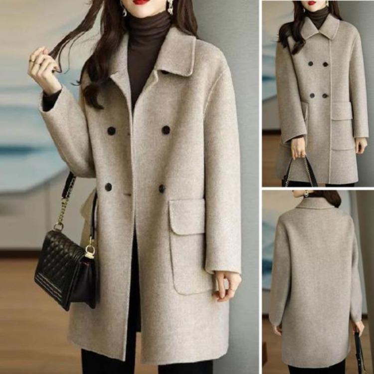 Warm Thickened Woolen Coat for Women Autumn Winter Double Breasted Lapel Flap Pockets Mid Length Loose Fit Overcoat