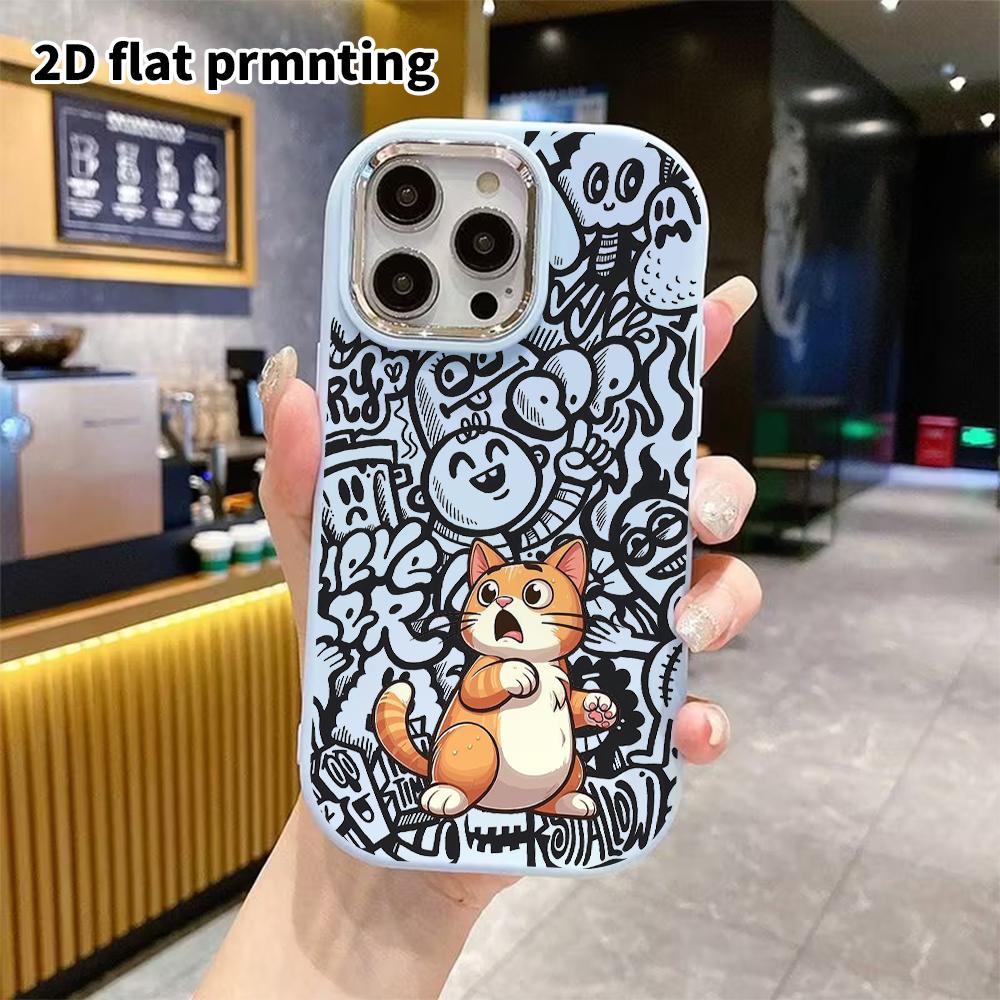 Phone Case: 2D flat design suitable for iPhone 18 17 16 15 14 13 Pro protective case, couple style, surprised orange cat, Christmas and Halloween gift