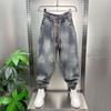 JYL Mens Jeans Trendy Vintage Elastic Waist Loose Straight High Street American Denim