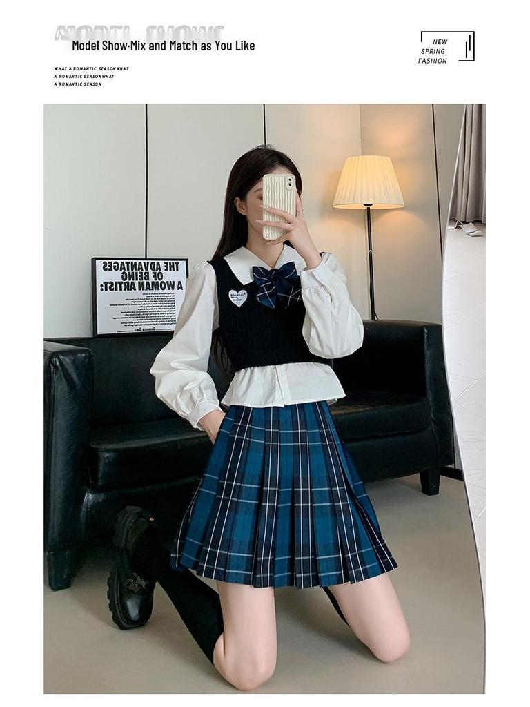 Women's Blue Plaid A-Line High Waist Pleated Skirt - College Style, Plus Size, Short Length for Spring & Autumn