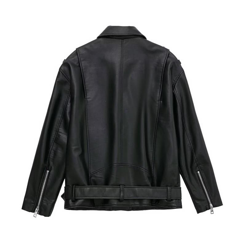 Womens Faux Leather Jacket Lapel Loose Fit Casual Style Black Outerwear