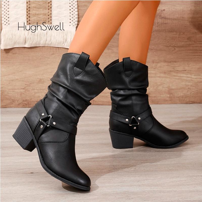 Fashion Classic Pleated Design Riding Boot Woman Triangle Buckle Strap Western Booties Ladies Heeled Pointed Toe Brand Design Long Botas