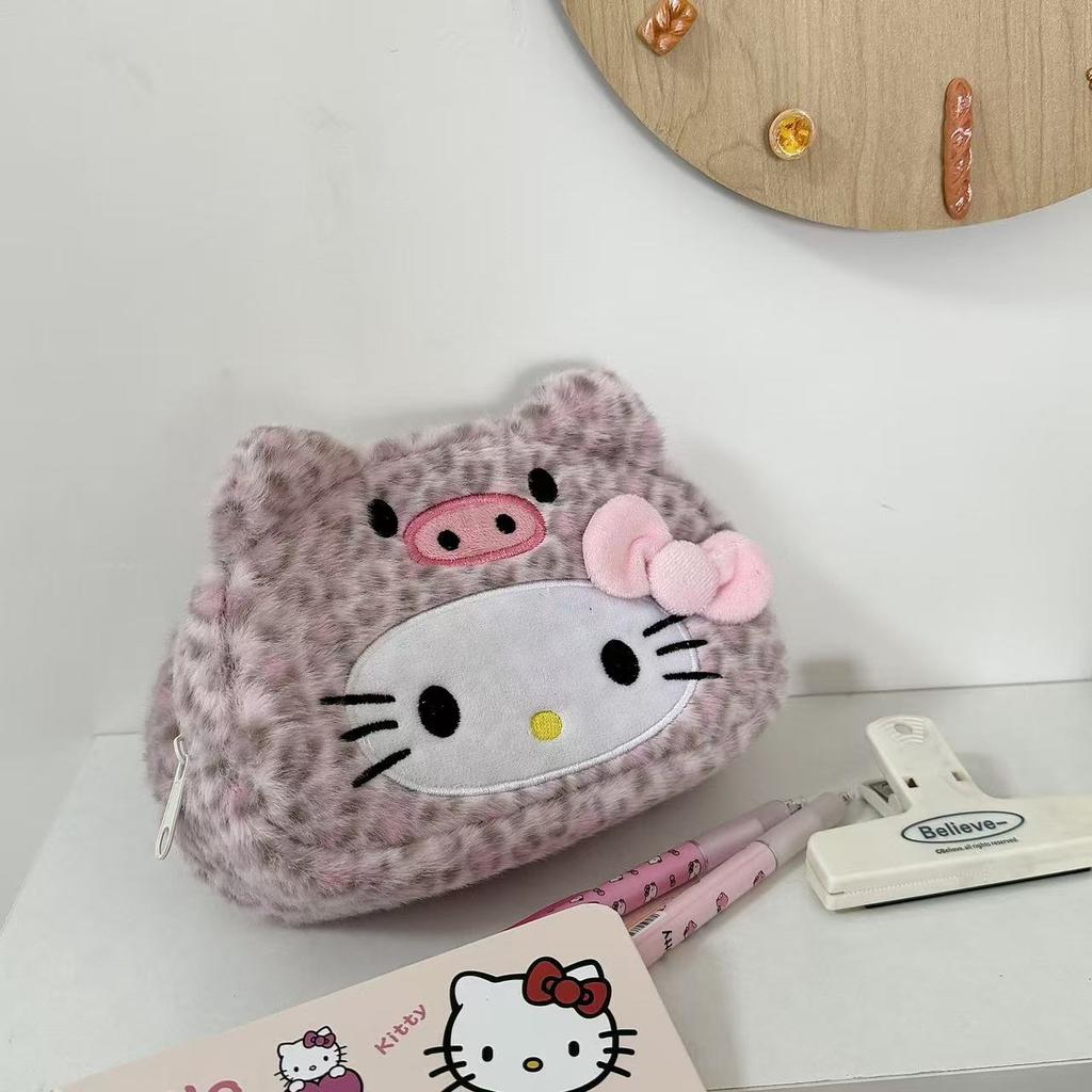 Leopard Print Kitty Pencil Case, Plush Cosmetic Bag, Stationery Box, Student Large-Capacity Storage Bag