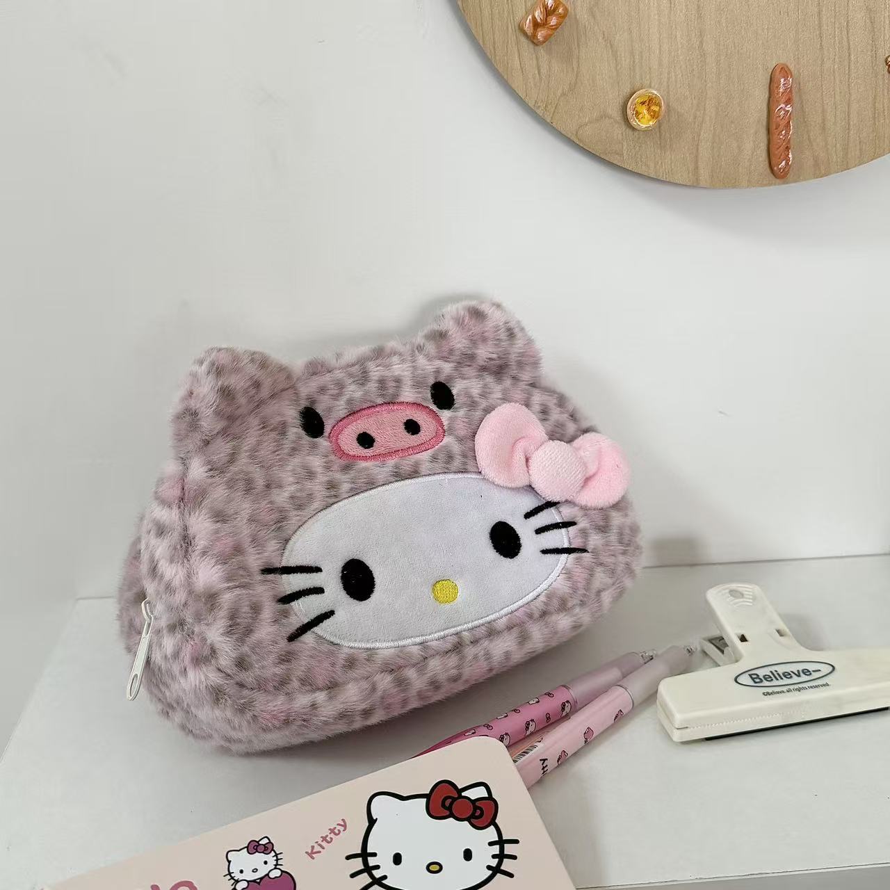 Leopard Print Kitty Pencil Case, Plush Cosmetic Bag, Stationery Box, Student Large-Capacity Storage Bag