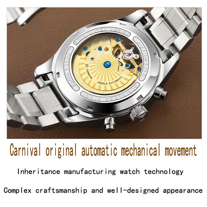 CARNIVAL Luxury Brand Automatic Watches Men Stainless Steel Tourbillon Mechanical Watch Luminous Waterproof Date Clock Reloj