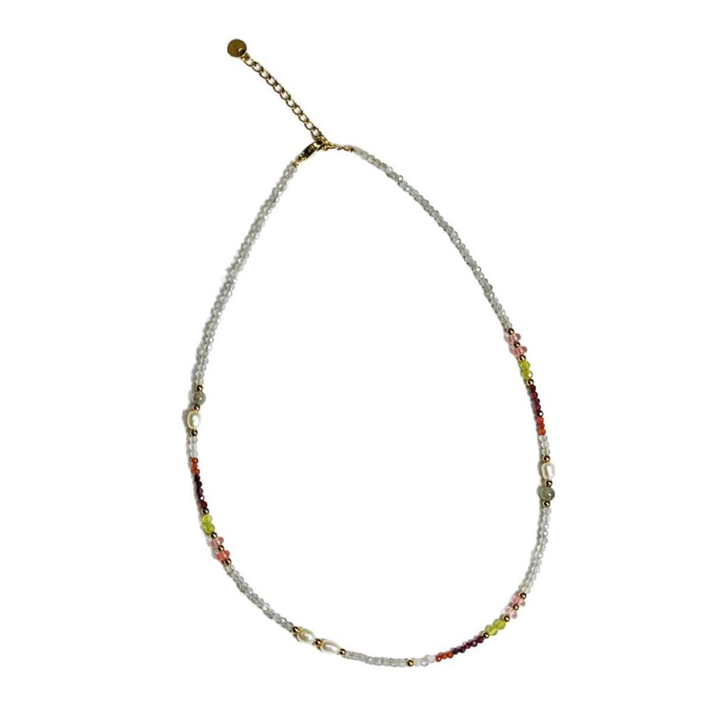 Mehrfarbige Luxus-Halskette aus Naturstein mit Mondstein- und Granatperlen
