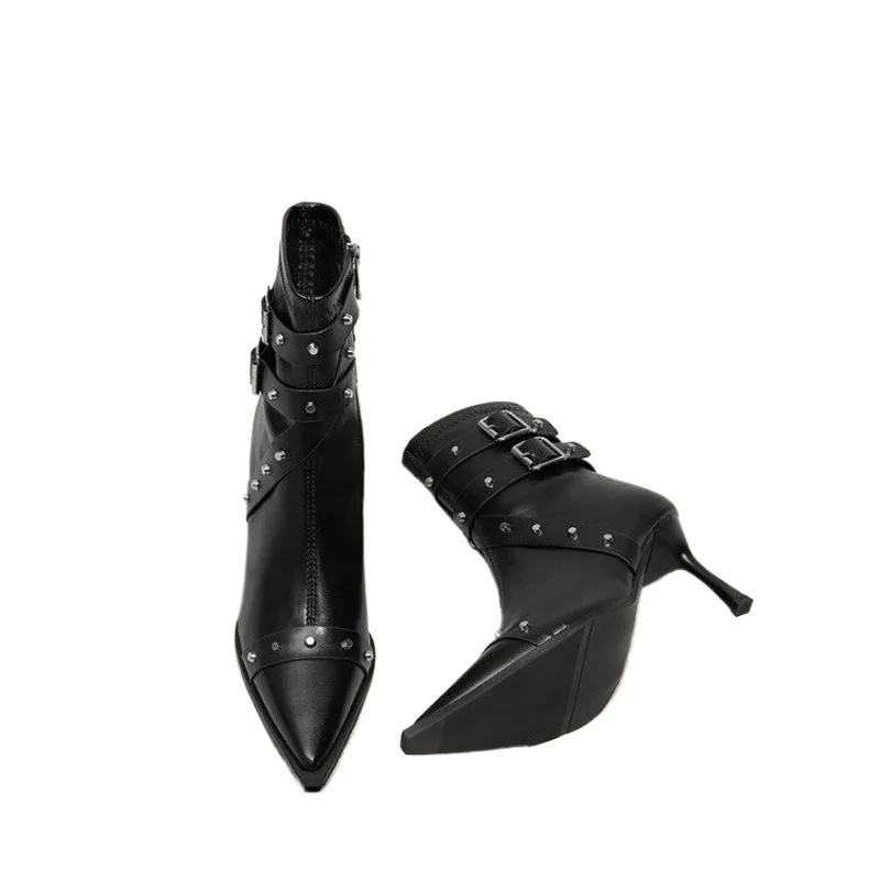 

Сексуальные сапоги до колена 2024 зимние сапоги фирменный дизайн супер высокие тонкие каблуки с заклепками ретро мода крутая женская обувь большой размер 40 35 чёрный